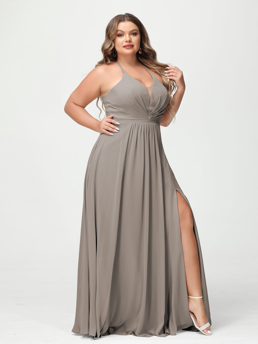 A-Line/Princess Halter Sleeveless Chiffon Ruched Split Side Plus Size Bridesmaid Dresses with Pockets Taupe