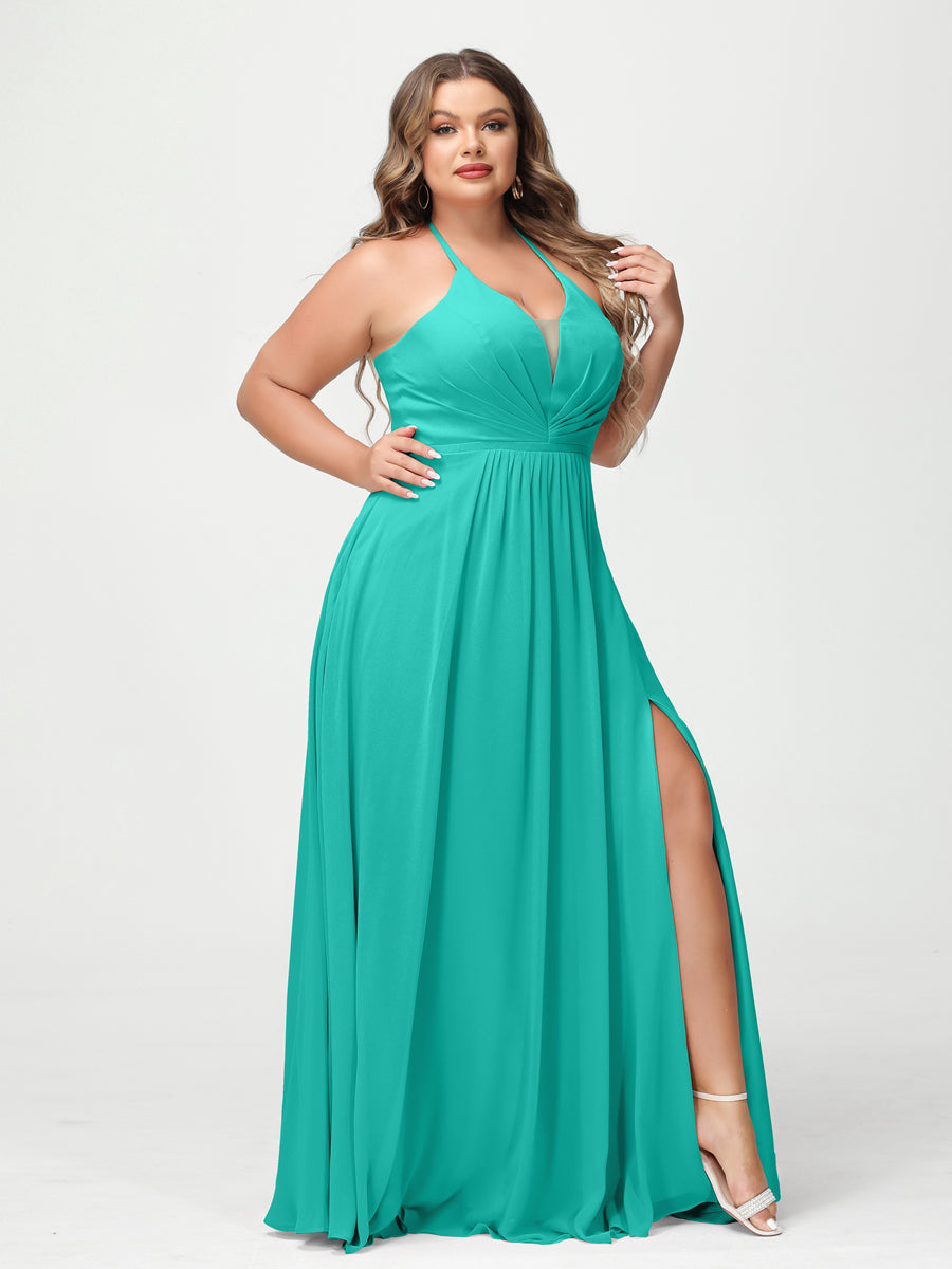 A-Line/Princess Halter Sleeveless Chiffon Ruched Split Side Plus Size Bridesmaid Dresses with Pockets Turquoise