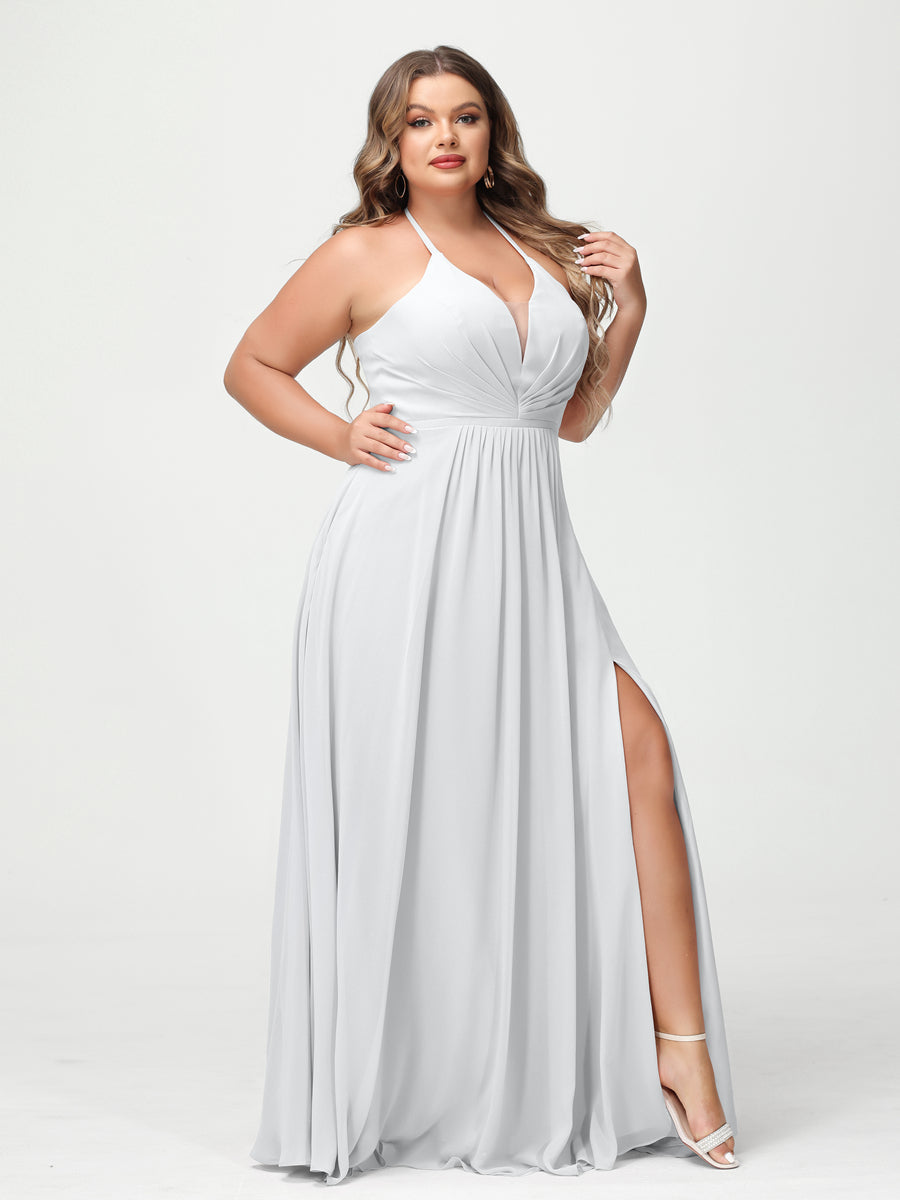 A-Line/Princess Halter Sleeveless Chiffon Ruched Split Side Plus Size Bridesmaid Dresses with Pockets White