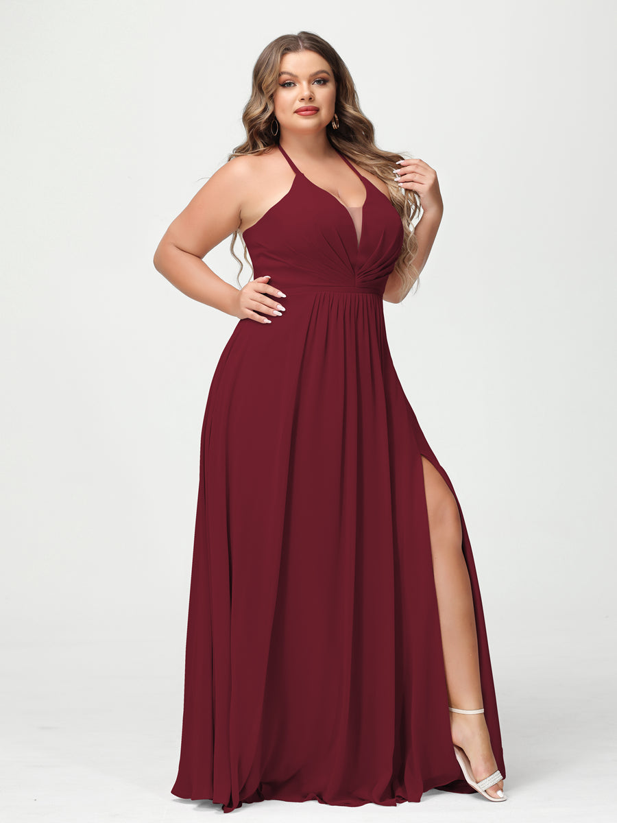 A-Line/Princess Halter Sleeveless Chiffon Ruched Split Side Plus Size Bridesmaid Dresses with Pockets Wine Red