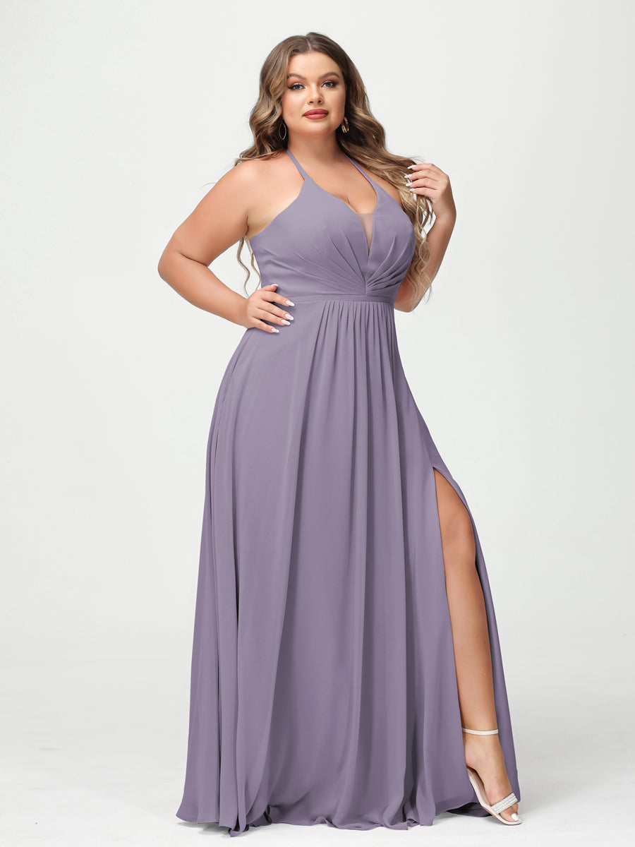 A-Line/Princess Halter Sleeveless Chiffon Ruched Split Side Plus Size Bridesmaid Dresses with Pockets Wisteria