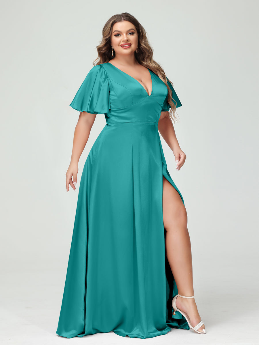 A-Line V-Neck Half Sleeves Silk Satin Plus Size Bridesmaid Dresses with Pockets Aqua Blue