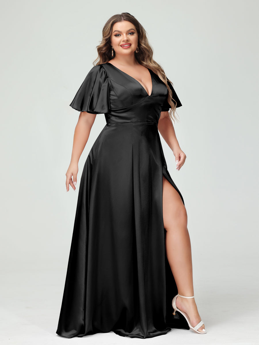 A-Line V-Neck Half Sleeves Silk Satin Plus Size Bridesmaid Dresses with Pockets Black