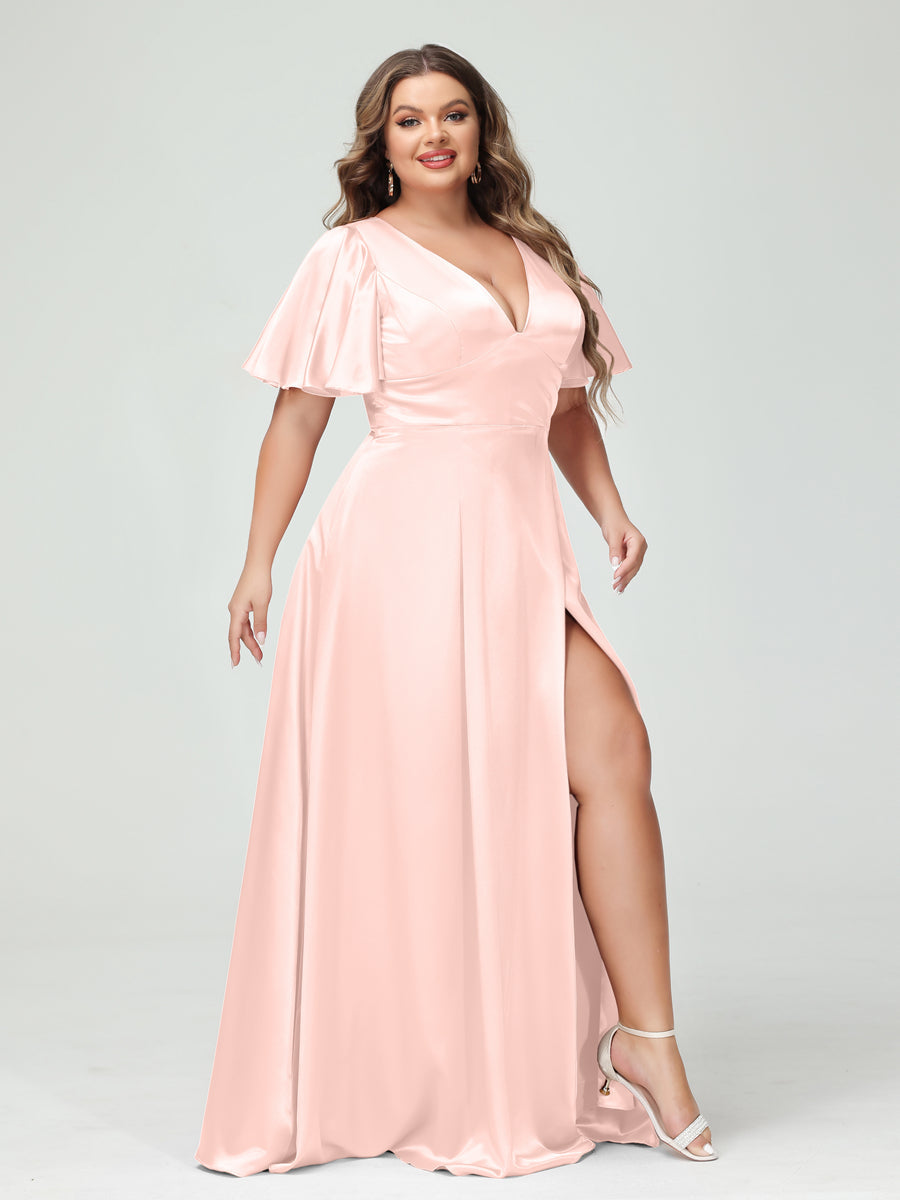 A-Line V-Neck Half Sleeves Silk Satin Plus Size Bridesmaid Dresses with Pockets Blush Pink