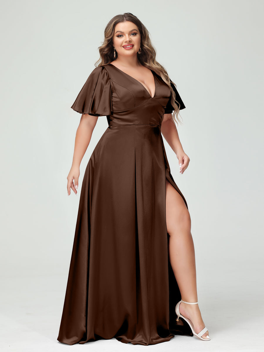A-Line V-Neck Half Sleeves Silk Satin Plus Size Bridesmaid Dresses with Pockets Brown