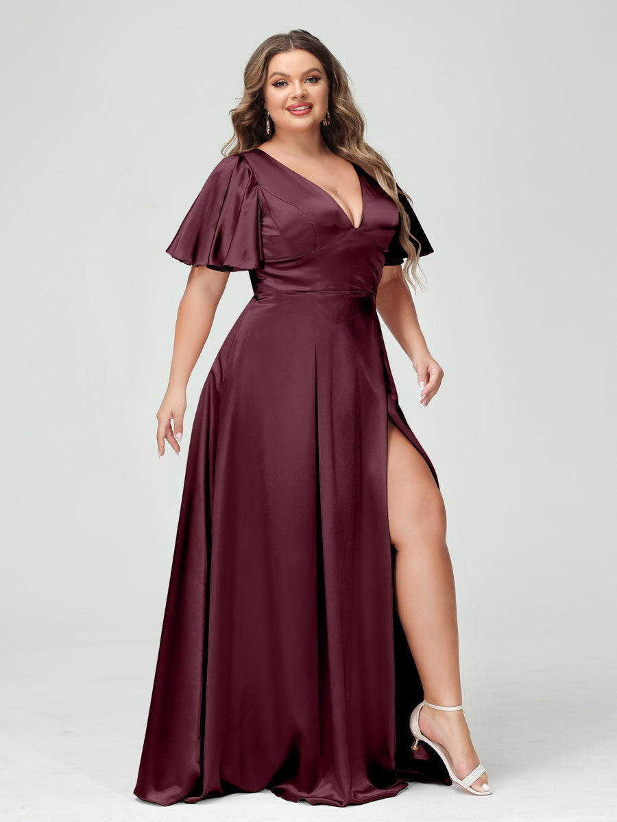 A-Line V-Neck Half Sleeves Silk Satin Plus Size Bridesmaid Dresses with Pockets Burgundy