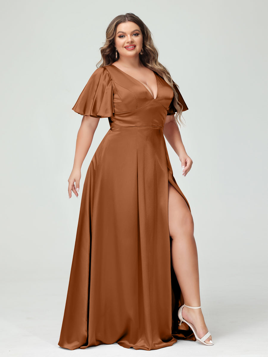 A-Line V-Neck Half Sleeves Silk Satin Plus Size Bridesmaid Dresses with Pockets Burnt Orange