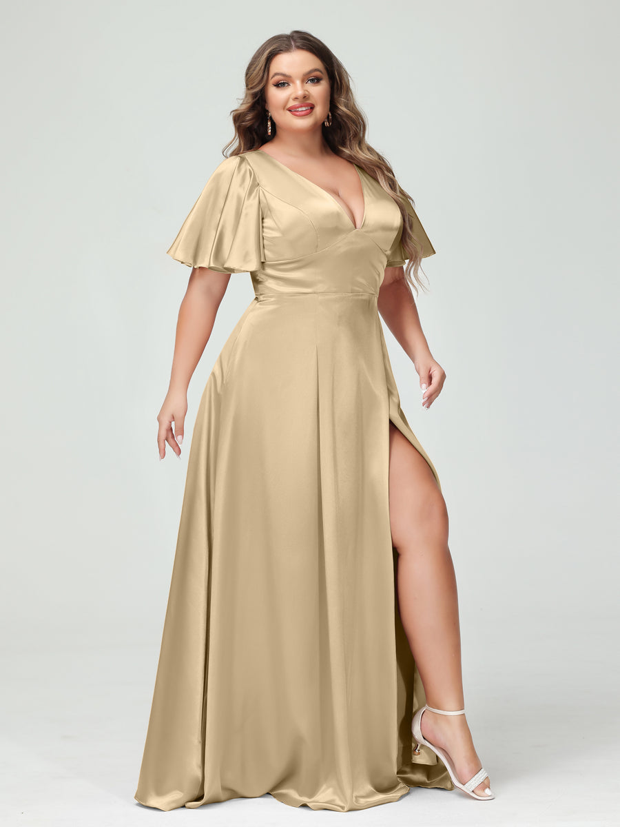 A-Line V-Neck Half Sleeves Silk Satin Plus Size Bridesmaid Dresses with Pockets Champagne