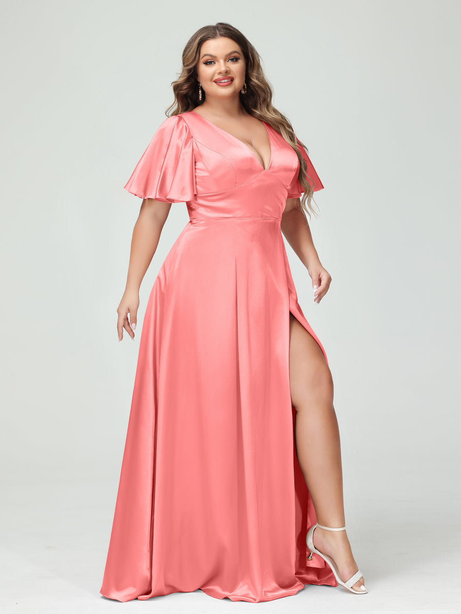 A-Line V-Neck Half Sleeves Silk Satin Plus Size Bridesmaid Dresses with Pockets Coral