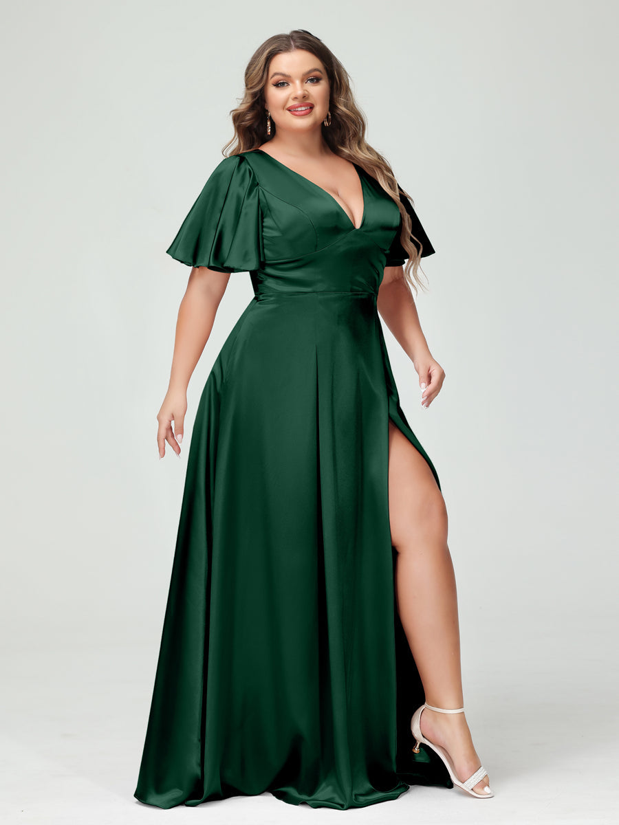 A-Line V-Neck Half Sleeves Silk Satin Plus Size Bridesmaid Dresses with Pockets Dark Green