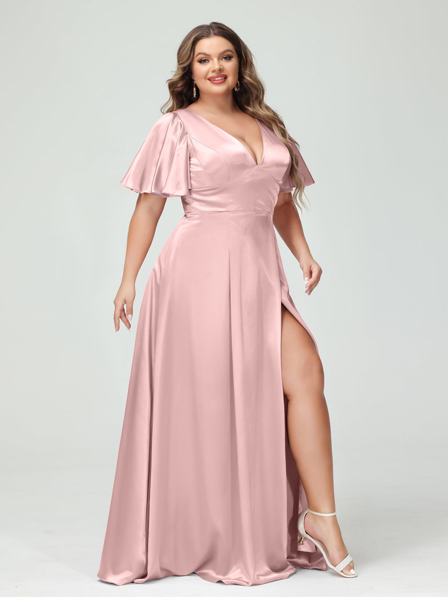 A-Line V-Neck Half Sleeves Silk Satin Plus Size Bridesmaid Dresses with Pockets Dusty Pink