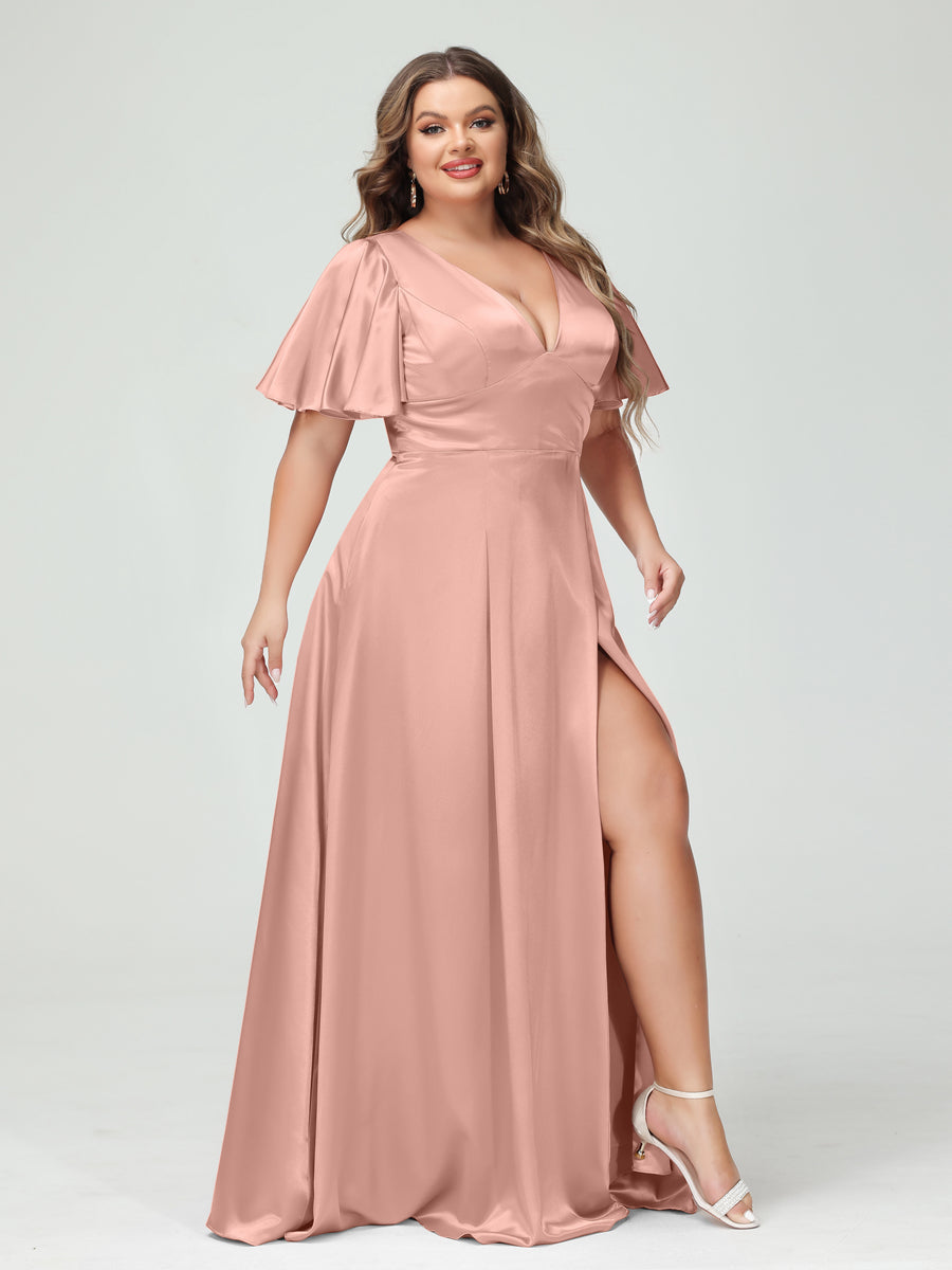 A-Line V-Neck Half Sleeves Silk Satin Plus Size Bridesmaid Dresses with Pockets Dusty Rose