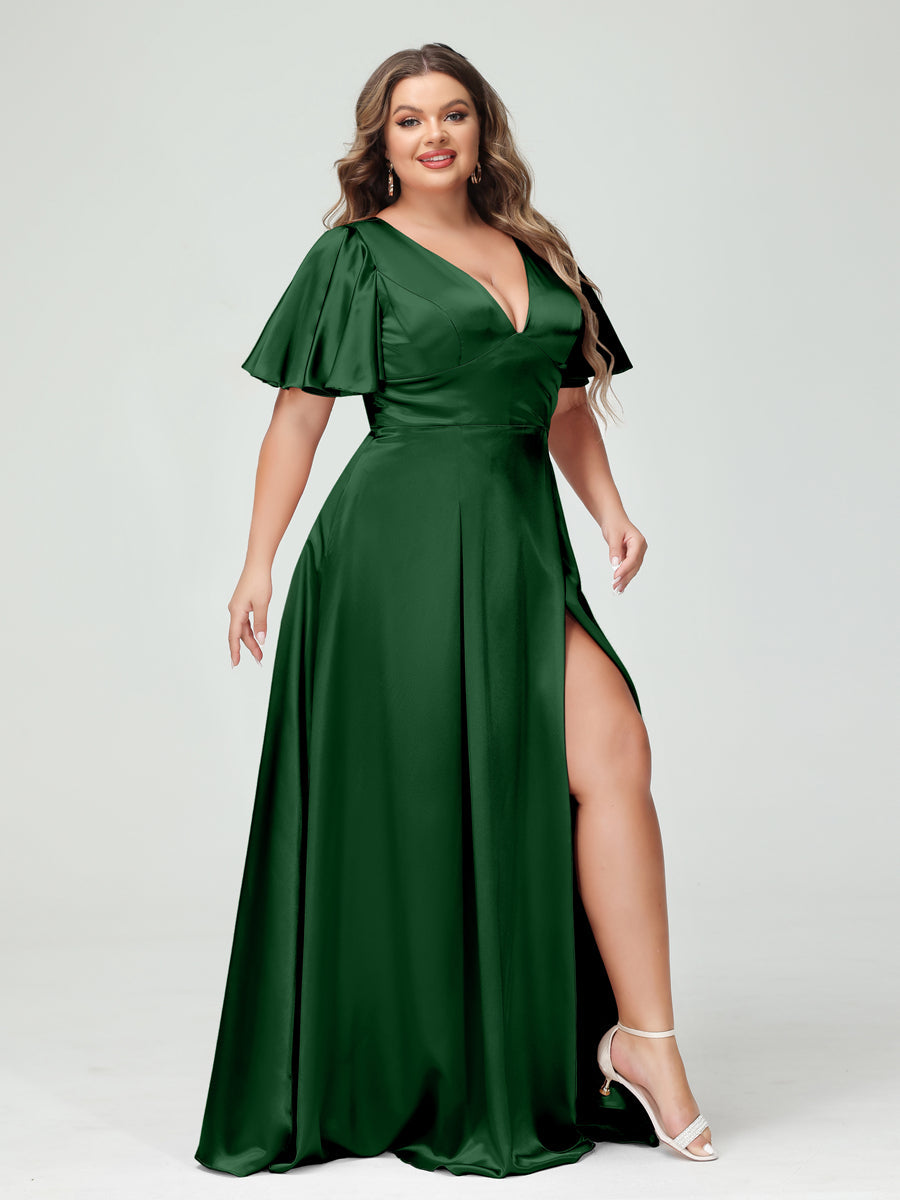 A-Line V-Neck Half Sleeves Silk Satin Plus Size Bridesmaid Dresses with Pockets Emerald