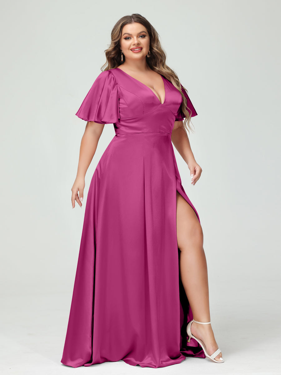 A-Line V-Neck Half Sleeves Silk Satin Plus Size Bridesmaid Dresses with Pockets Fuchsia