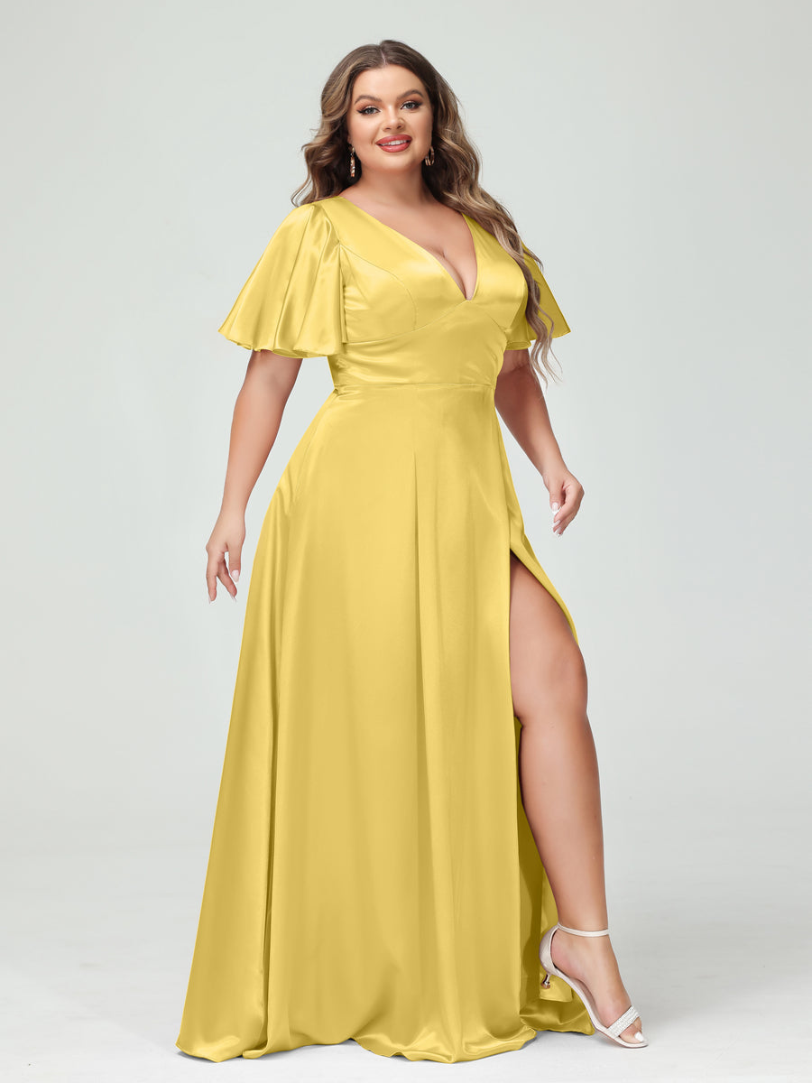 A-Line V-Neck Half Sleeves Silk Satin Plus Size Bridesmaid Dresses with Pockets Gold