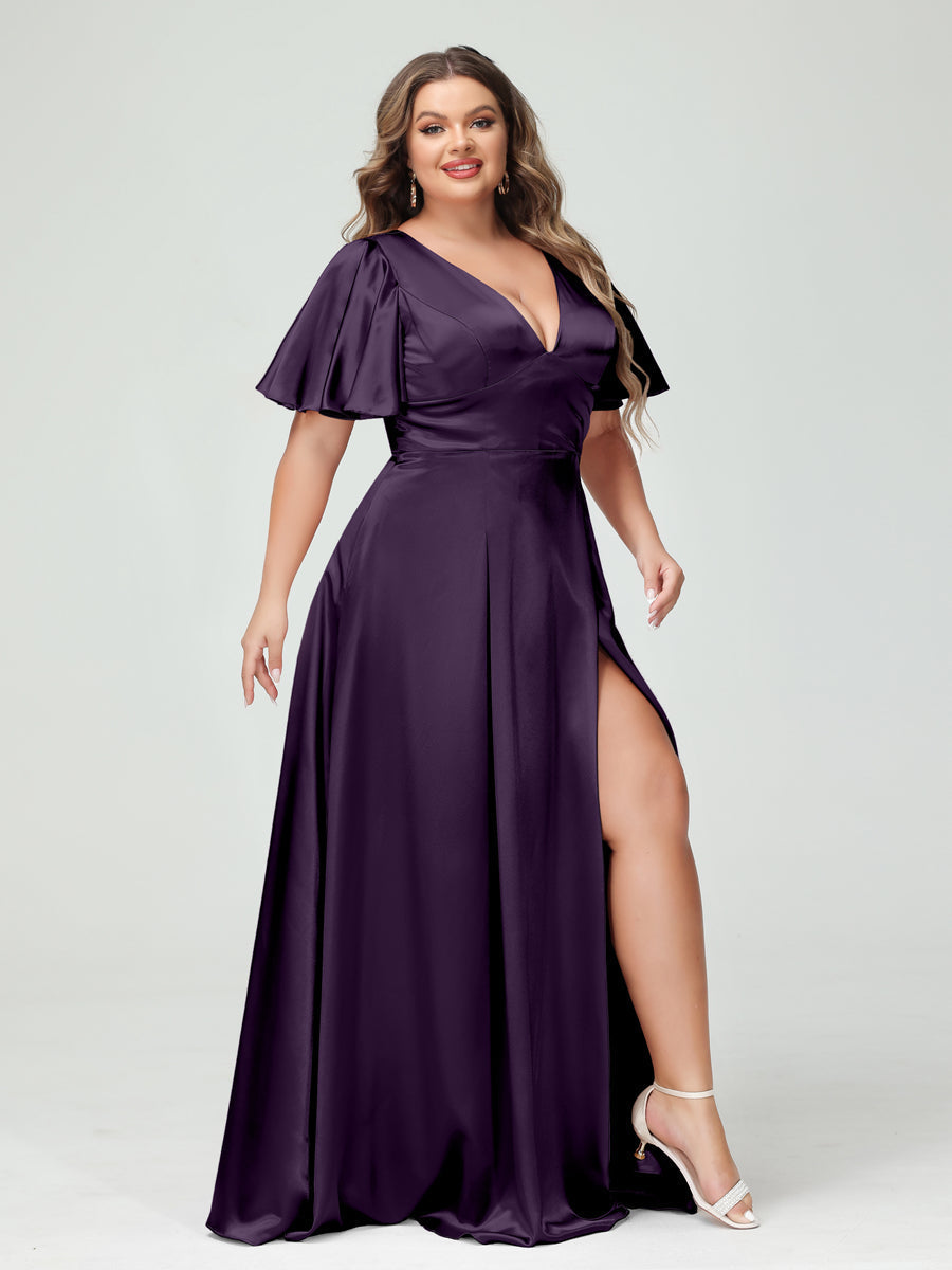 A-Line V-Neck Half Sleeves Silk Satin Plus Size Bridesmaid Dresses with Pockets Grape