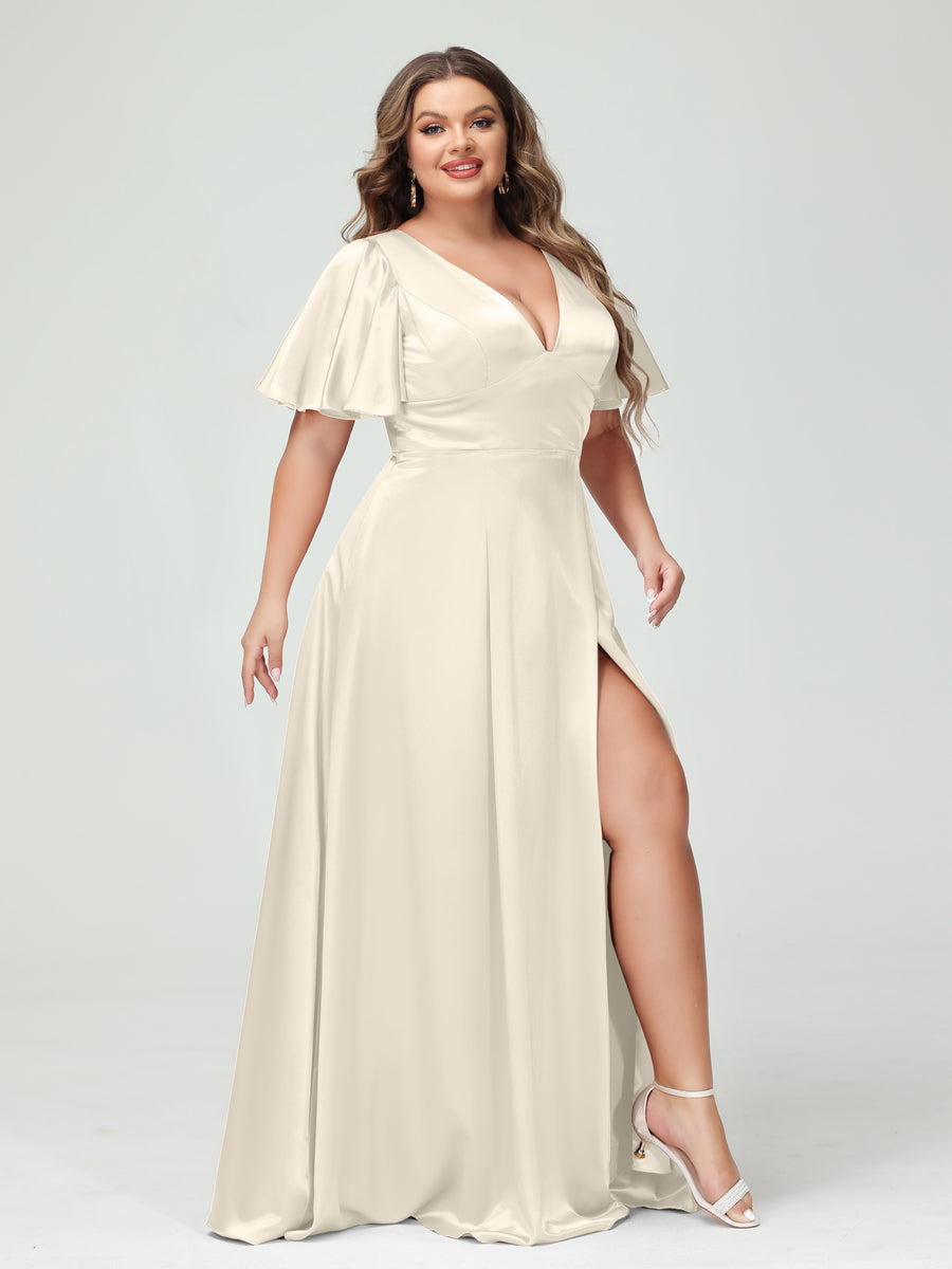A-Line V-Neck Half Sleeves Silk Satin Plus Size Bridesmaid Dresses with Pockets Ivory