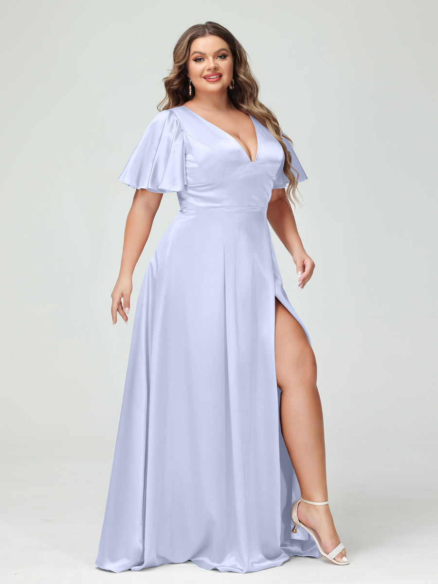 A-Line V-Neck Half Sleeves Silk Satin Plus Size Bridesmaid Dresses with Pockets Lavender