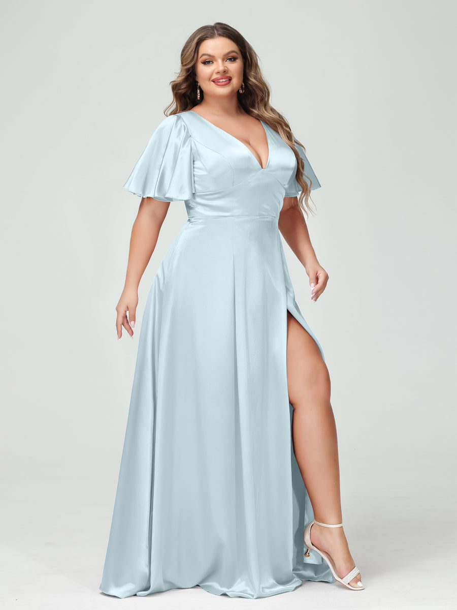 A-Line V-Neck Half Sleeves Silk Satin Plus Size Bridesmaid Dresses with Pockets Light Blue