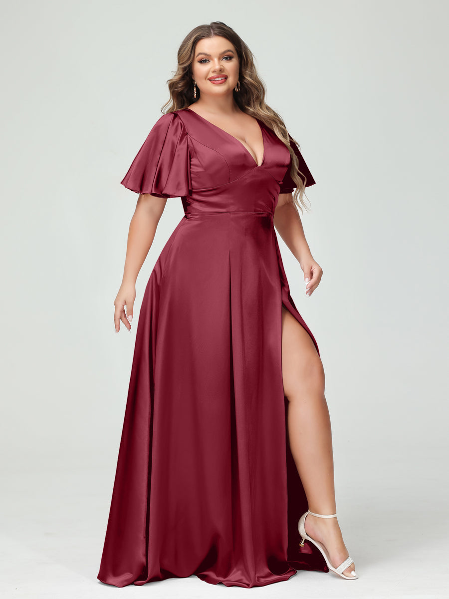 A-Line V-Neck Half Sleeves Silk Satin Plus Size Bridesmaid Dresses with Pockets Light Burgundy