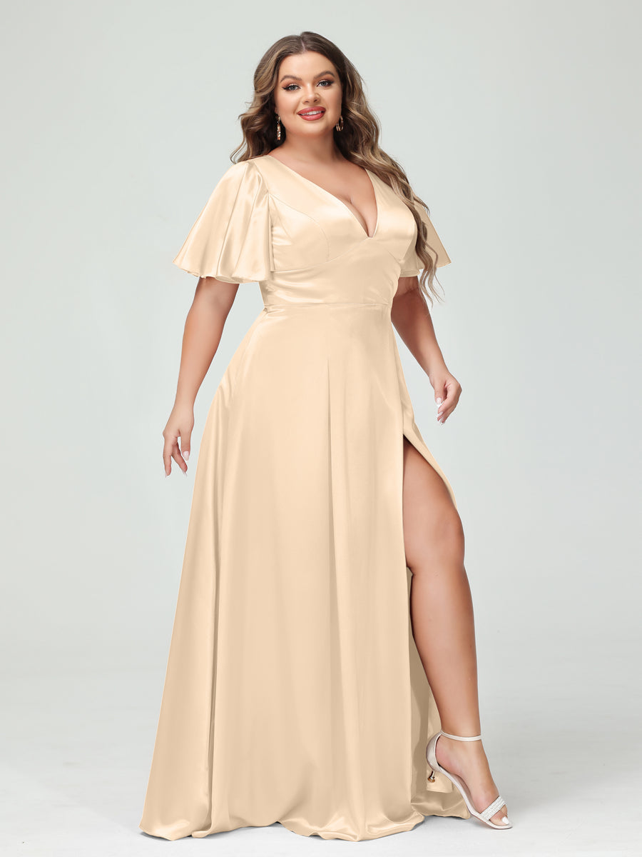 A-Line V-Neck Half Sleeves Silk Satin Plus Size Bridesmaid Dresses with Pockets Light Champagne
