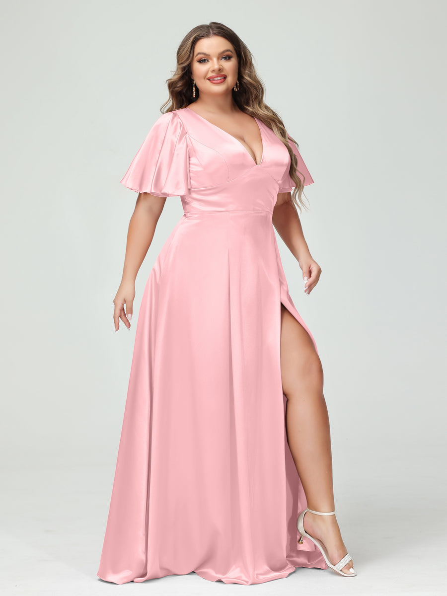 A-Line V-Neck Half Sleeves Silk Satin Plus Size Bridesmaid Dresses with Pockets Light Pink