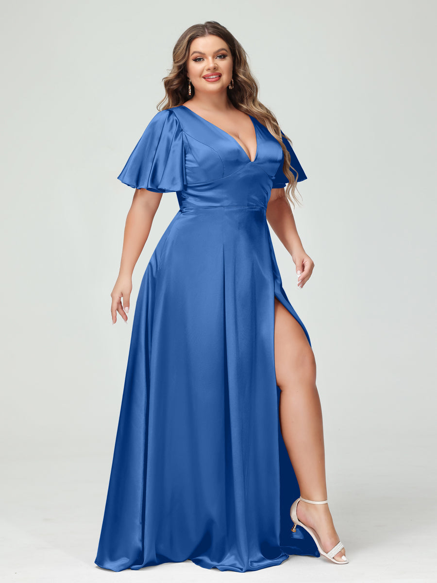 A-Line V-Neck Half Sleeves Silk Satin Plus Size Bridesmaid Dresses with Pockets Light Royal Blue