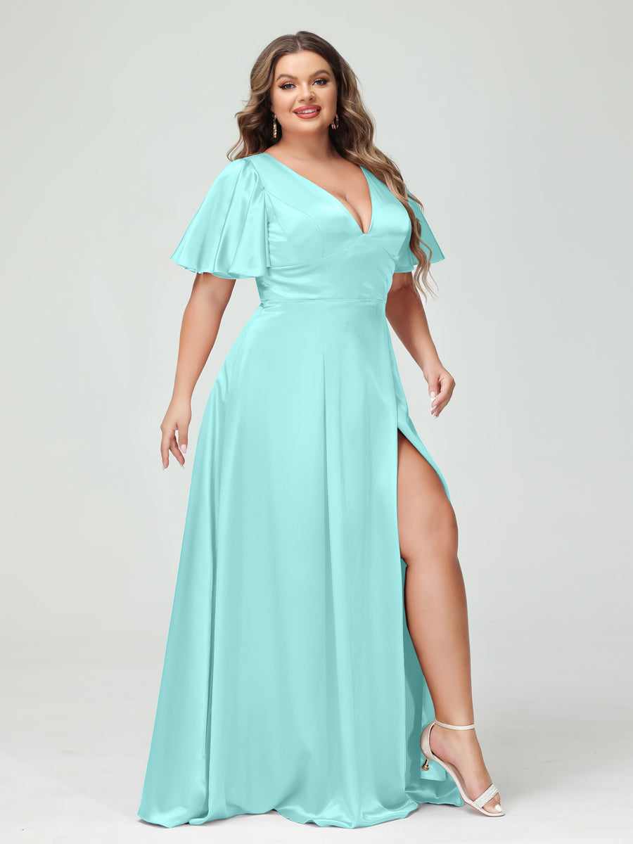 A-Line V-Neck Half Sleeves Silk Satin Plus Size Bridesmaid Dresses with Pockets Light Sky Blue