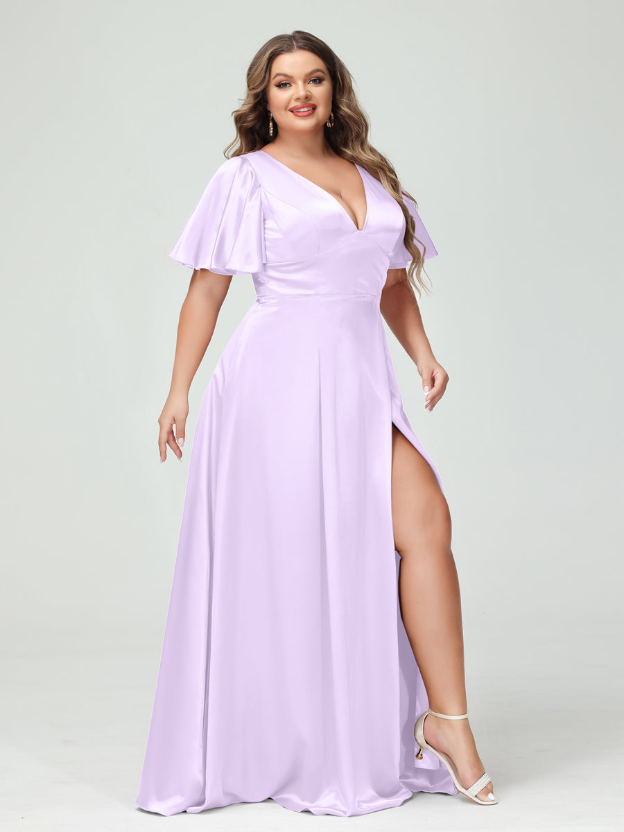 A-Line V-Neck Half Sleeves Silk Satin Plus Size Bridesmaid Dresses with Pockets Lilac