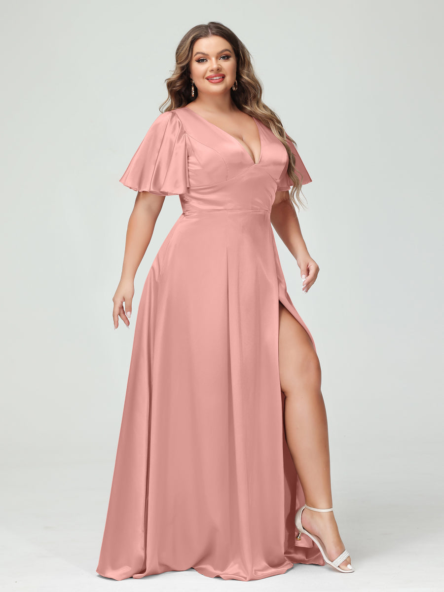 A-Line V-Neck Half Sleeves Silk Satin Plus Size Bridesmaid Dresses with Pockets Mauve