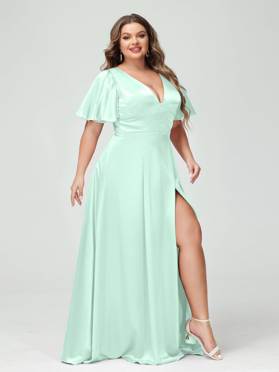 A-Line V-Neck Half Sleeves Silk Satin Plus Size Bridesmaid Dresses with Pockets Mist Blue