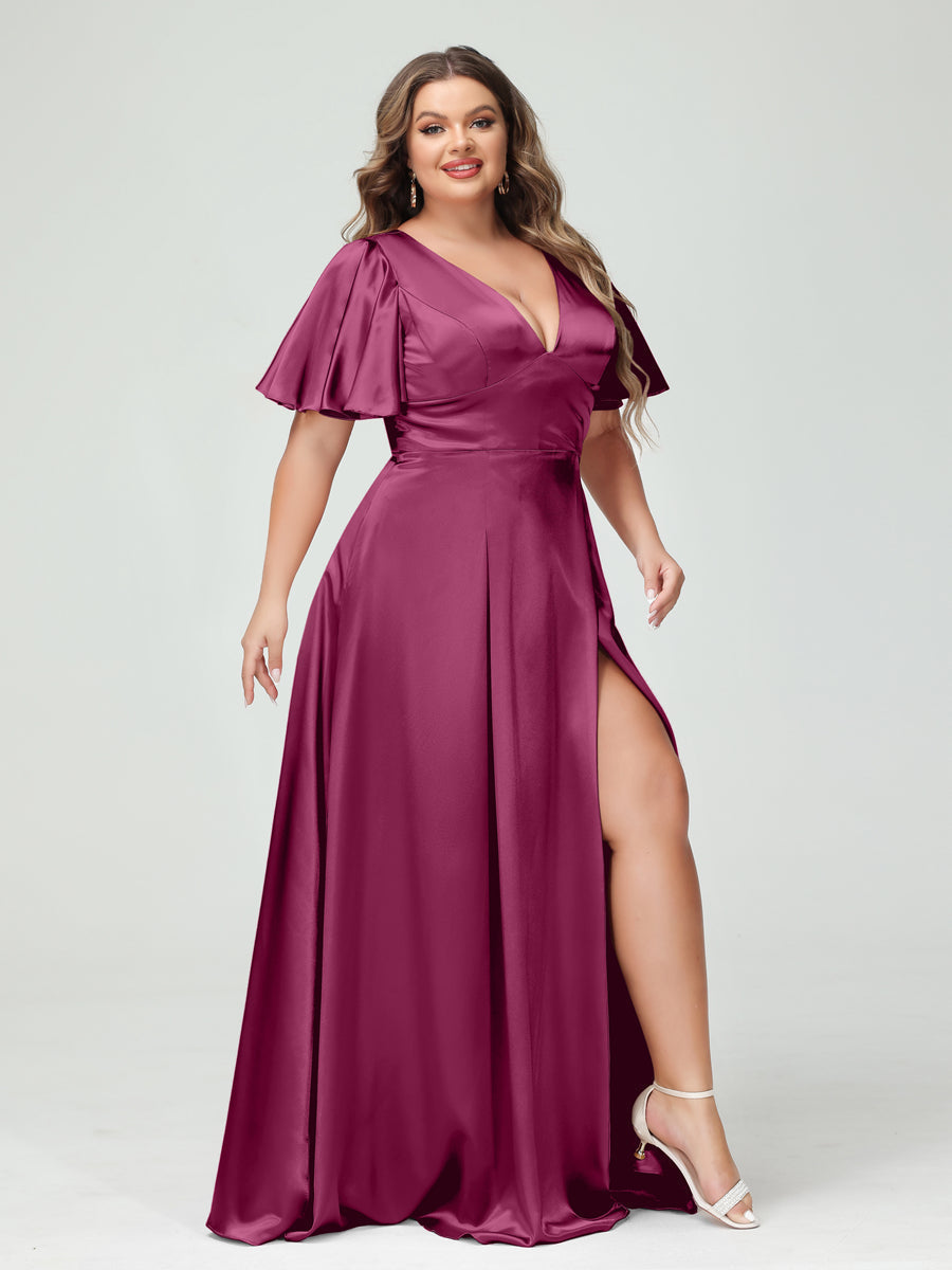 A-Line V-Neck Half Sleeves Silk Satin Plus Size Bridesmaid Dresses with Pockets Mulberry