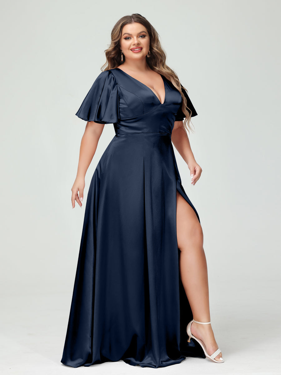 A-Line V-Neck Half Sleeves Silk Satin Plus Size Bridesmaid Dresses with Pockets Navy Blue
