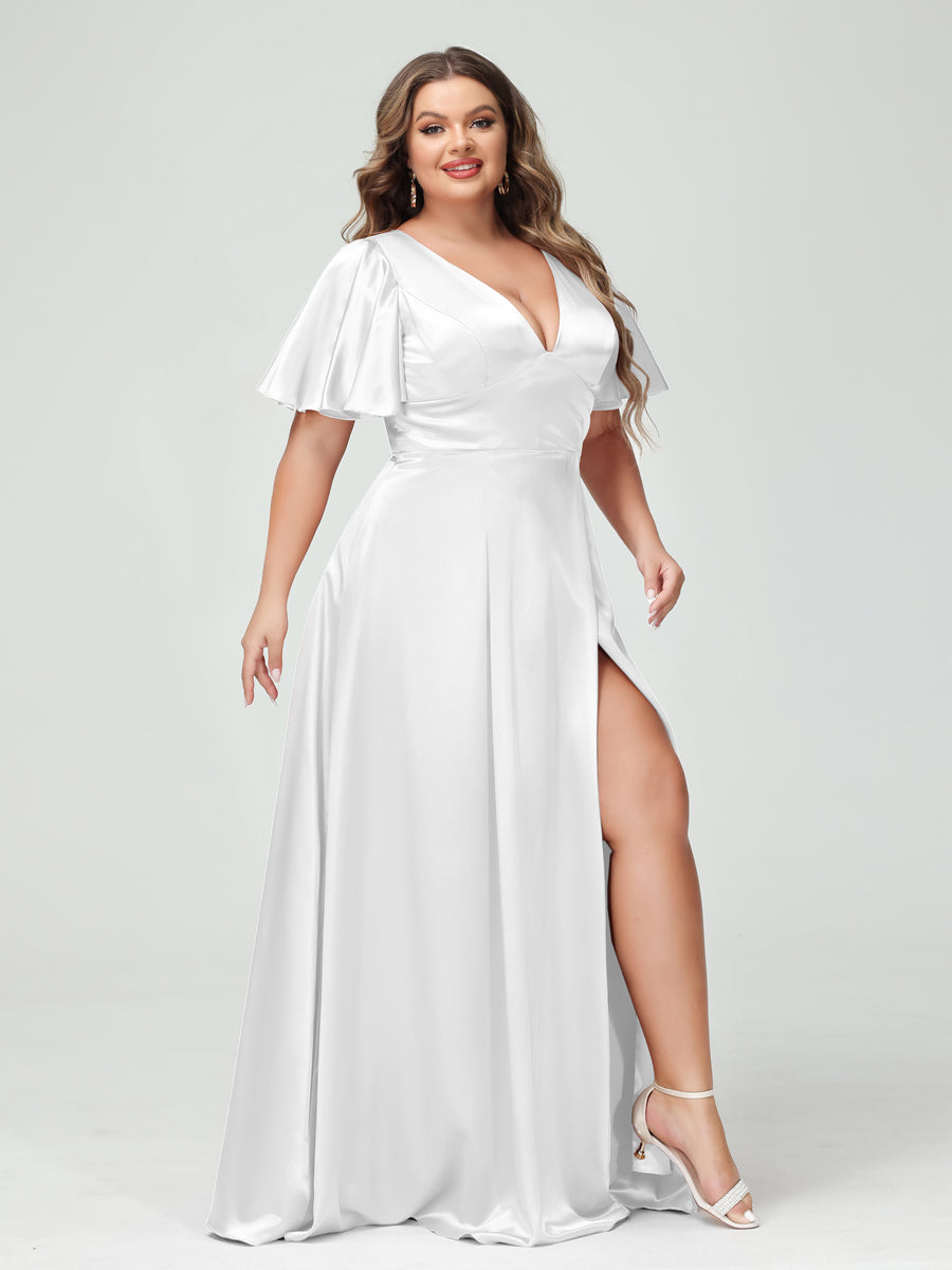 A-Line V-Neck Half Sleeves Silk Satin Plus Size Bridesmaid Dresses with Pockets Off White