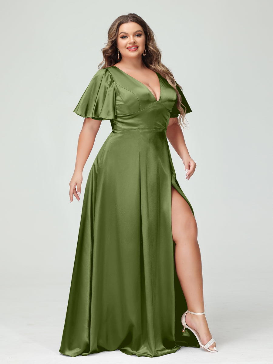 A-Line V-Neck Half Sleeves Silk Satin Plus Size Bridesmaid Dresses with Pockets Olive Green