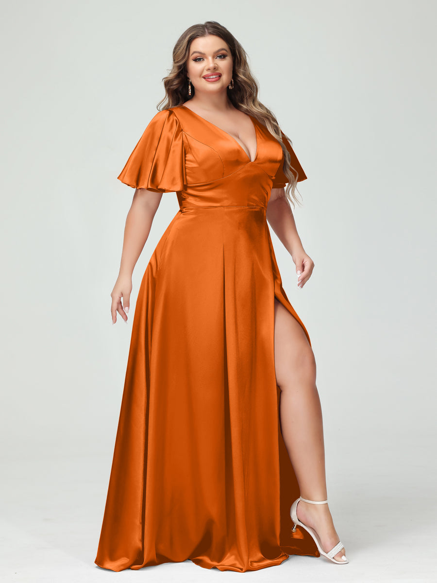 A-Line V-Neck Half Sleeves Silk Satin Plus Size Bridesmaid Dresses with Pockets Orange