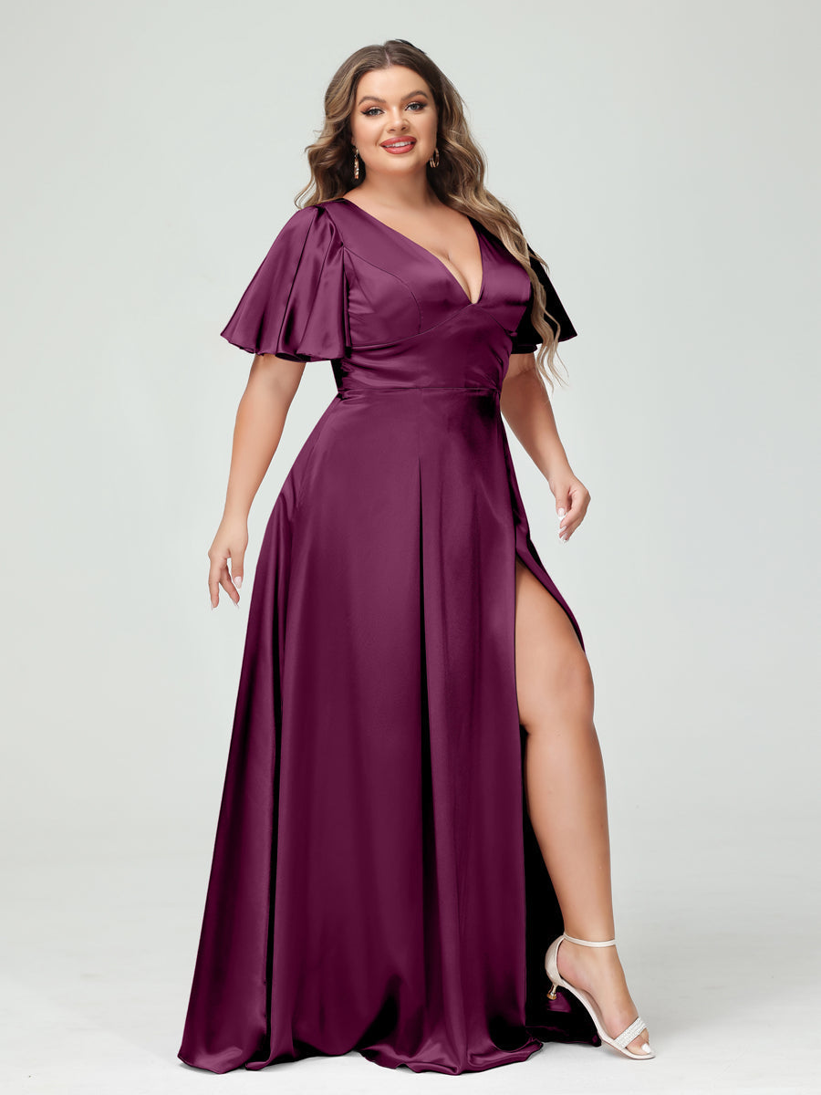 A-Line V-Neck Half Sleeves Silk Satin Plus Size Bridesmaid Dresses with Pockets Orchid
