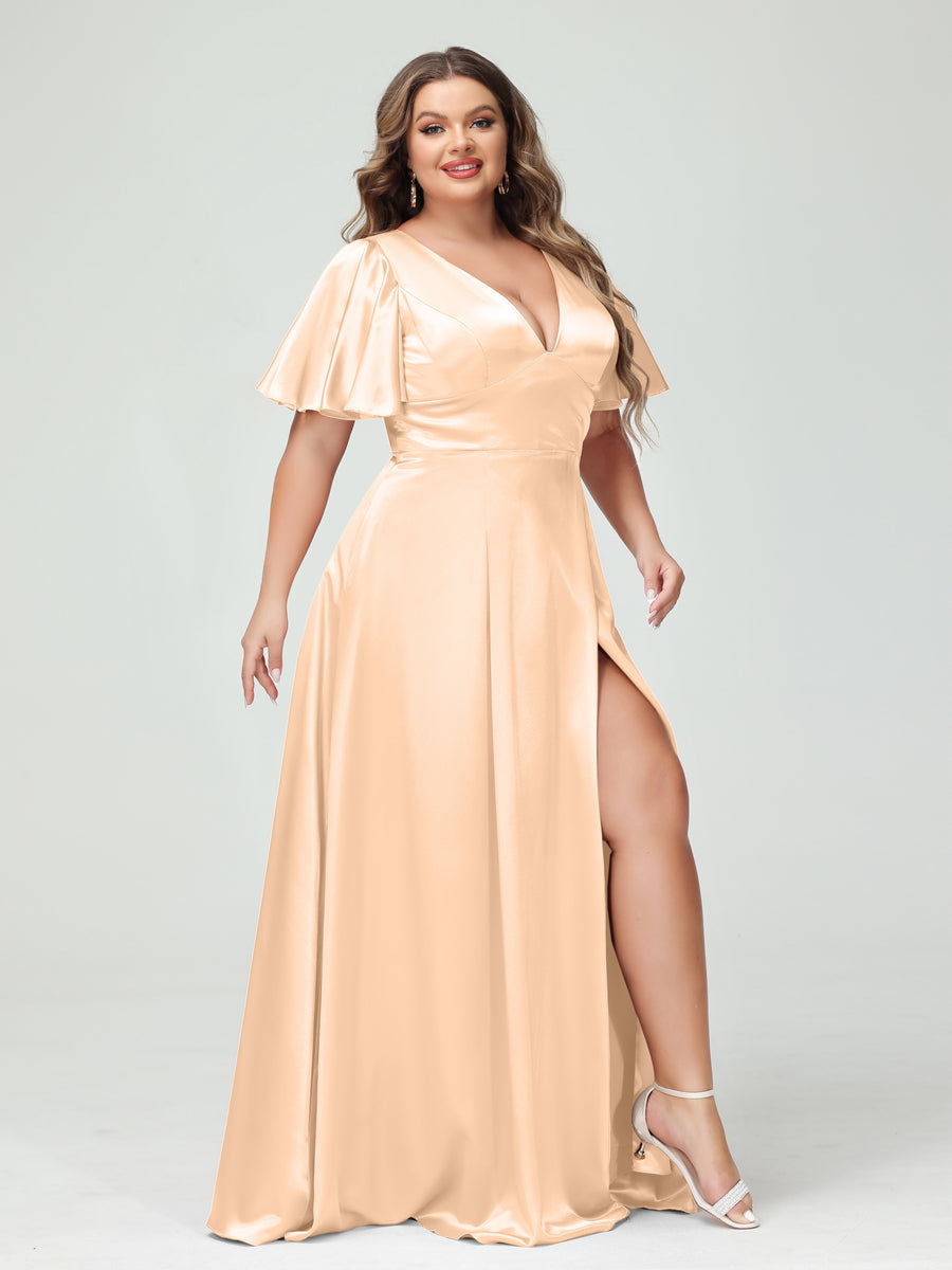 A-Line V-Neck Half Sleeves Silk Satin Plus Size Bridesmaid Dresses with Pockets Peach Pink