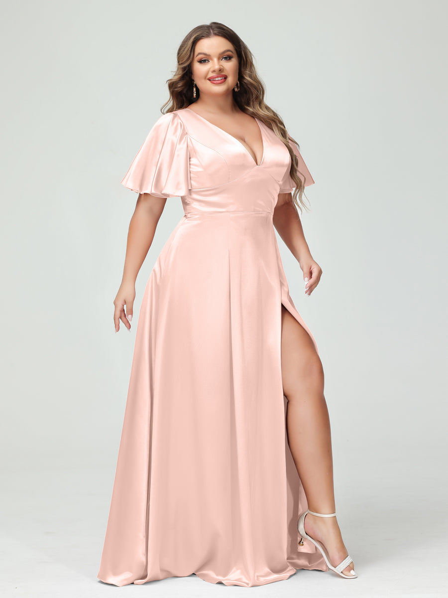 A-Line V-Neck Half Sleeves Silk Satin Plus Size Bridesmaid Dresses with Pockets Pearl Pink