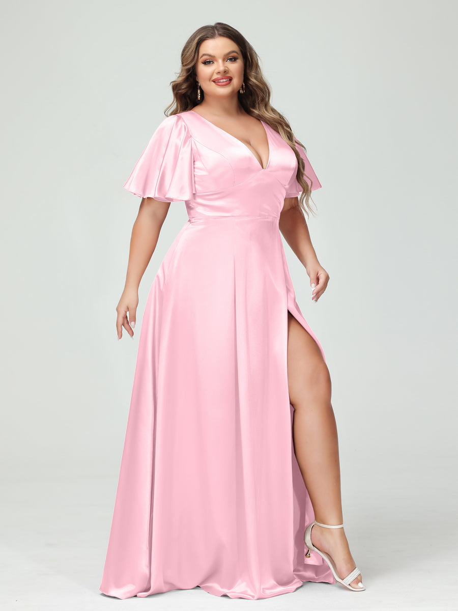 A-Line V-Neck Half Sleeves Silk Satin Plus Size Bridesmaid Dresses with Pockets Pink