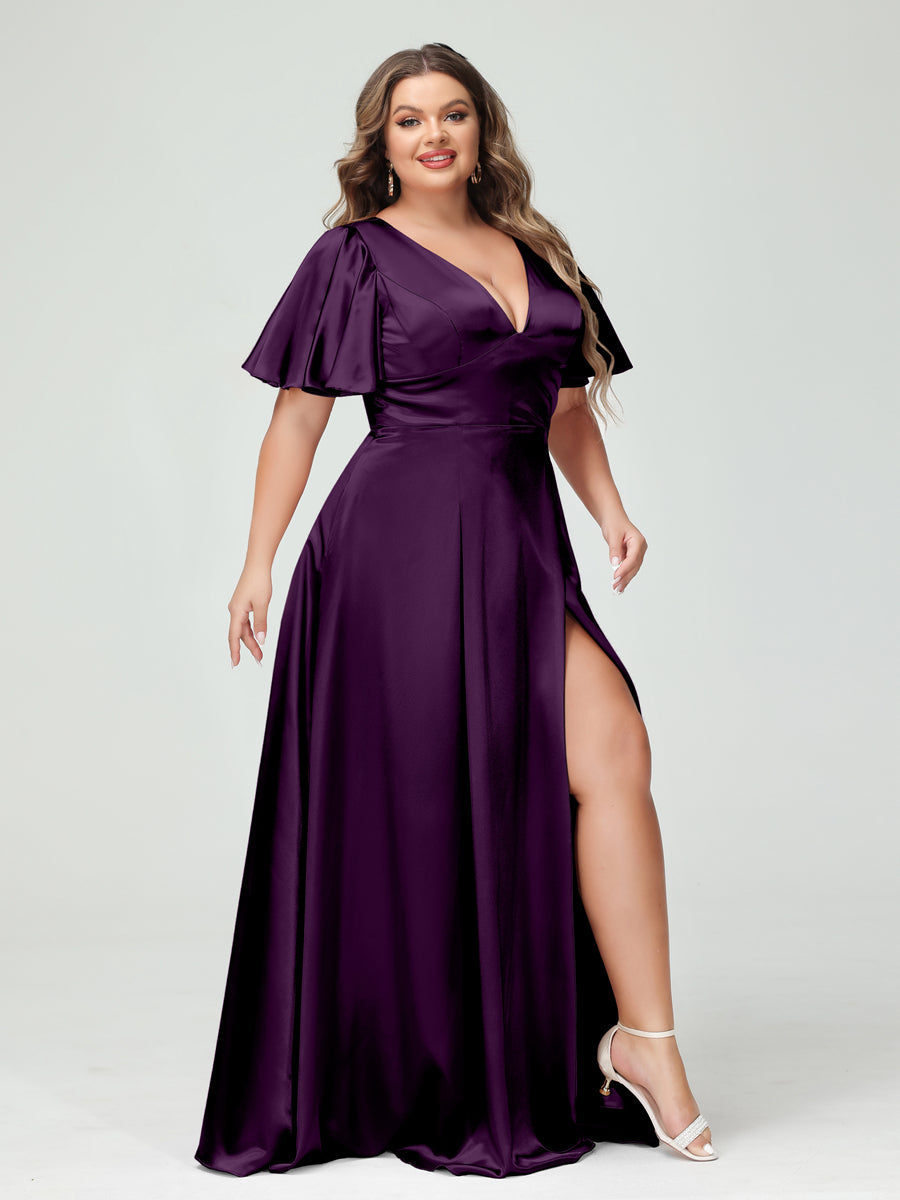 A-Line V-Neck Half Sleeves Silk Satin Plus Size Bridesmaid Dresses with Pockets Plum