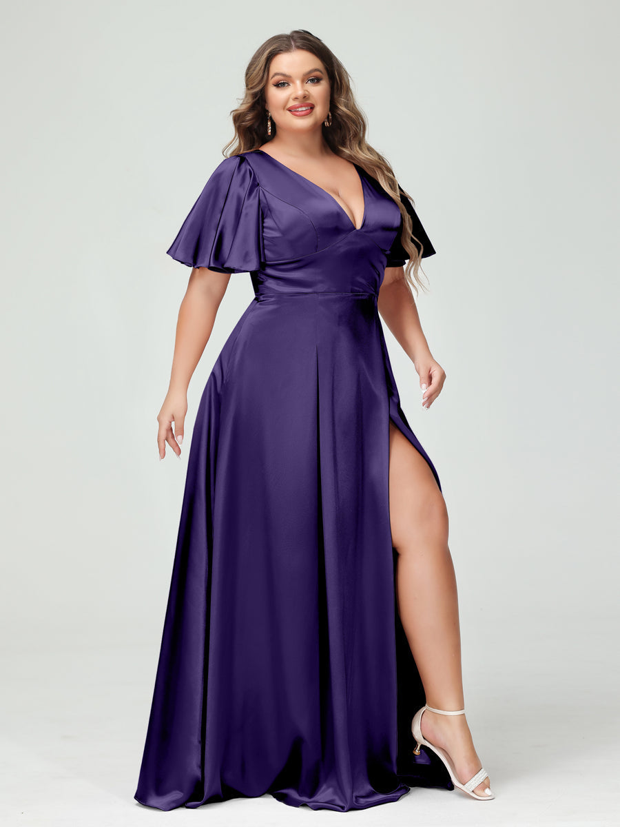 A-Line V-Neck Half Sleeves Silk Satin Plus Size Bridesmaid Dresses with Pockets Purple