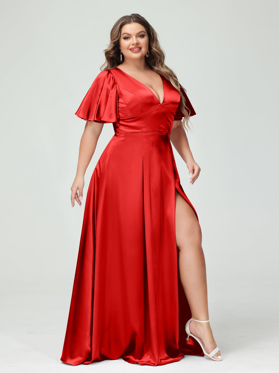 A-Line V-Neck Half Sleeves Silk Satin Plus Size Bridesmaid Dresses with Pockets Red