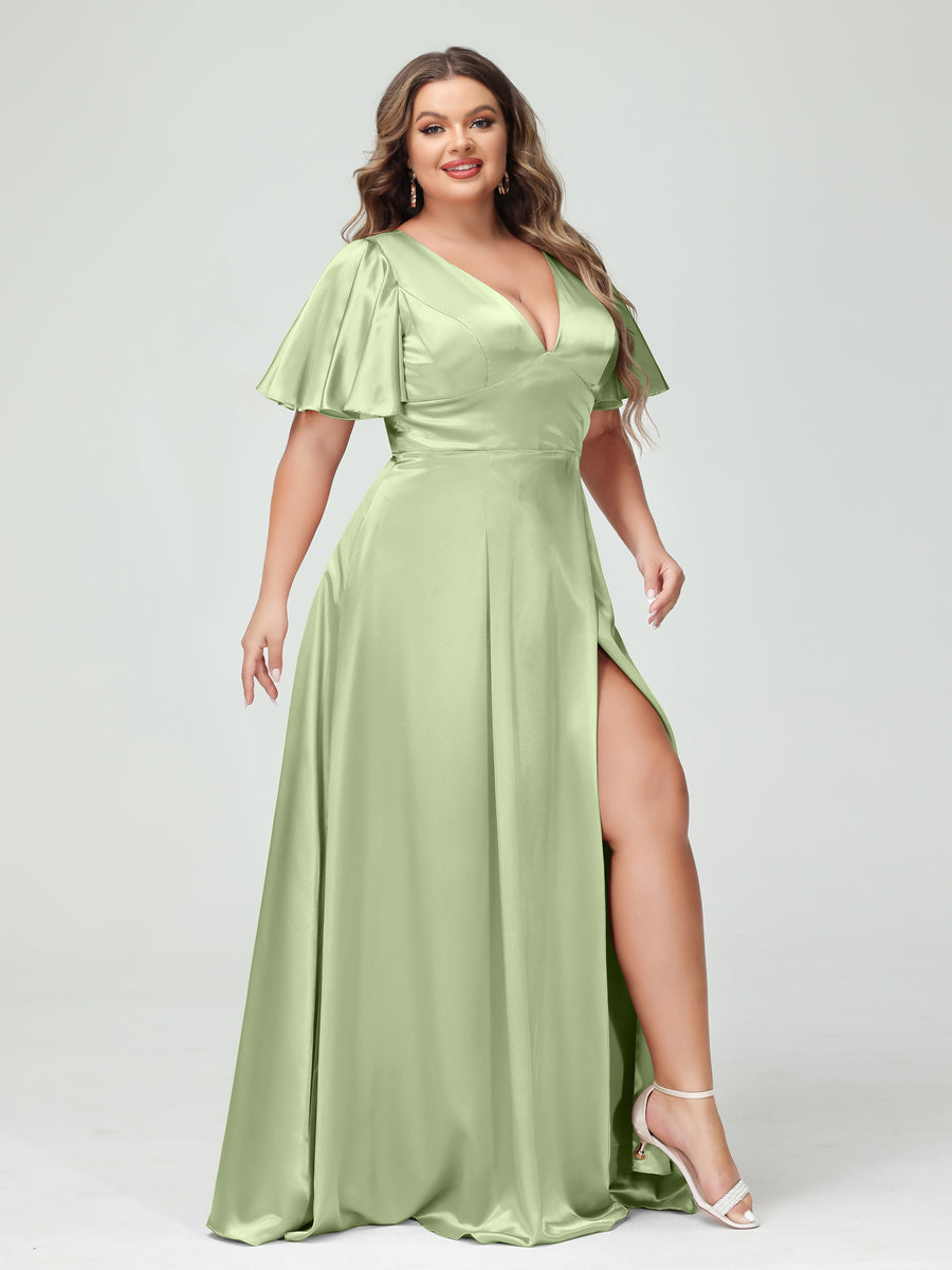 A-Line V-Neck Half Sleeves Silk Satin Plus Size Bridesmaid Dresses with Pockets Sage