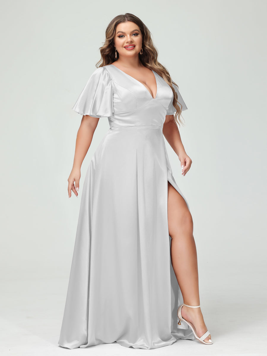 A-Line V-Neck Half Sleeves Silk Satin Plus Size Bridesmaid Dresses with Pockets Silver