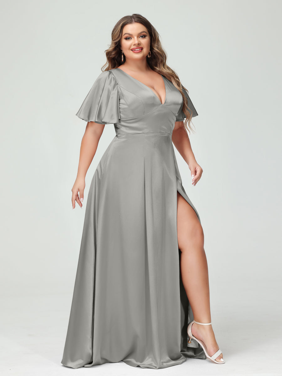 A-Line V-Neck Half Sleeves Silk Satin Plus Size Bridesmaid Dresses with Pockets Silver Gray