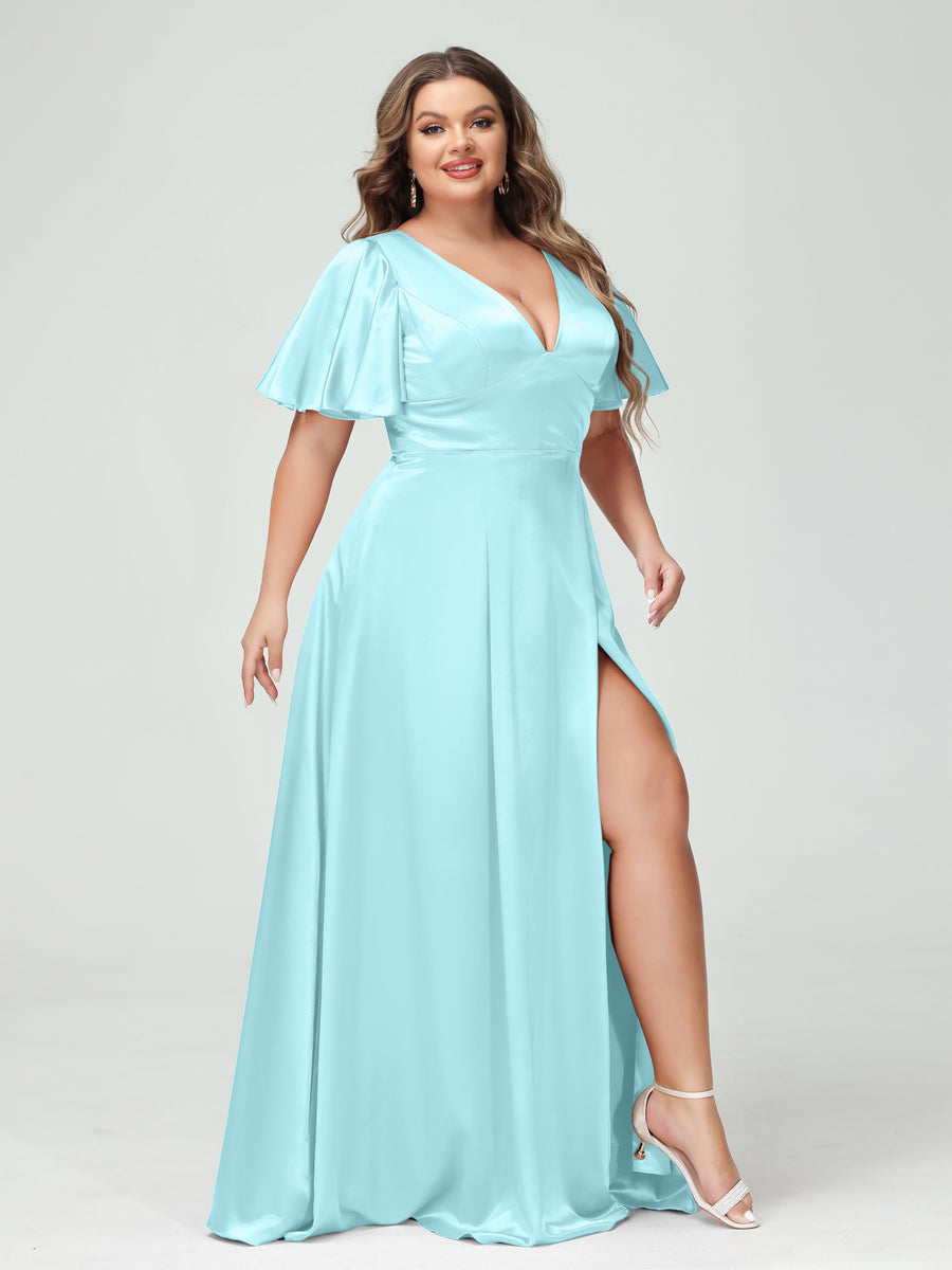 A-Line V-Neck Half Sleeves Silk Satin Plus Size Bridesmaid Dresses with Pockets Sky Blue