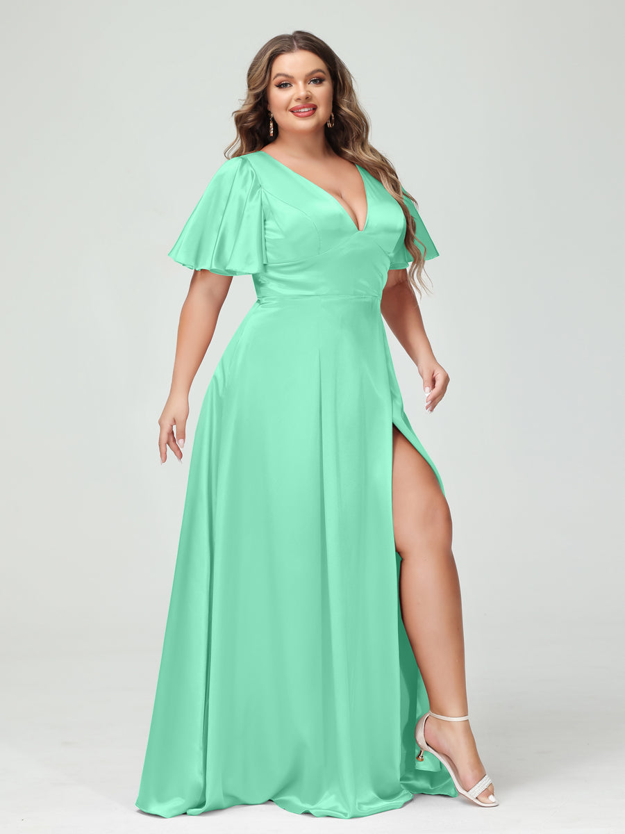 A-Line V-Neck Half Sleeves Silk Satin Plus Size Bridesmaid Dresses with Pockets Spa