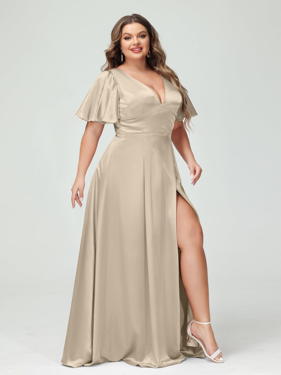 A-Line V-Neck Half Sleeves Silk Satin Plus Size Bridesmaid Dresses with Pockets Taupe
