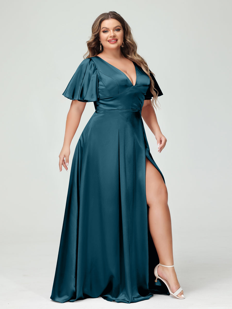 A-Line V-Neck Half Sleeves Silk Satin Plus Size Bridesmaid Dresses with Pockets Teal